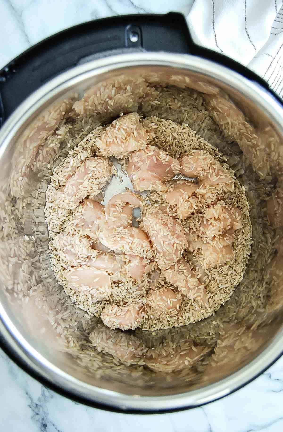 chicken and rice in crockpot.