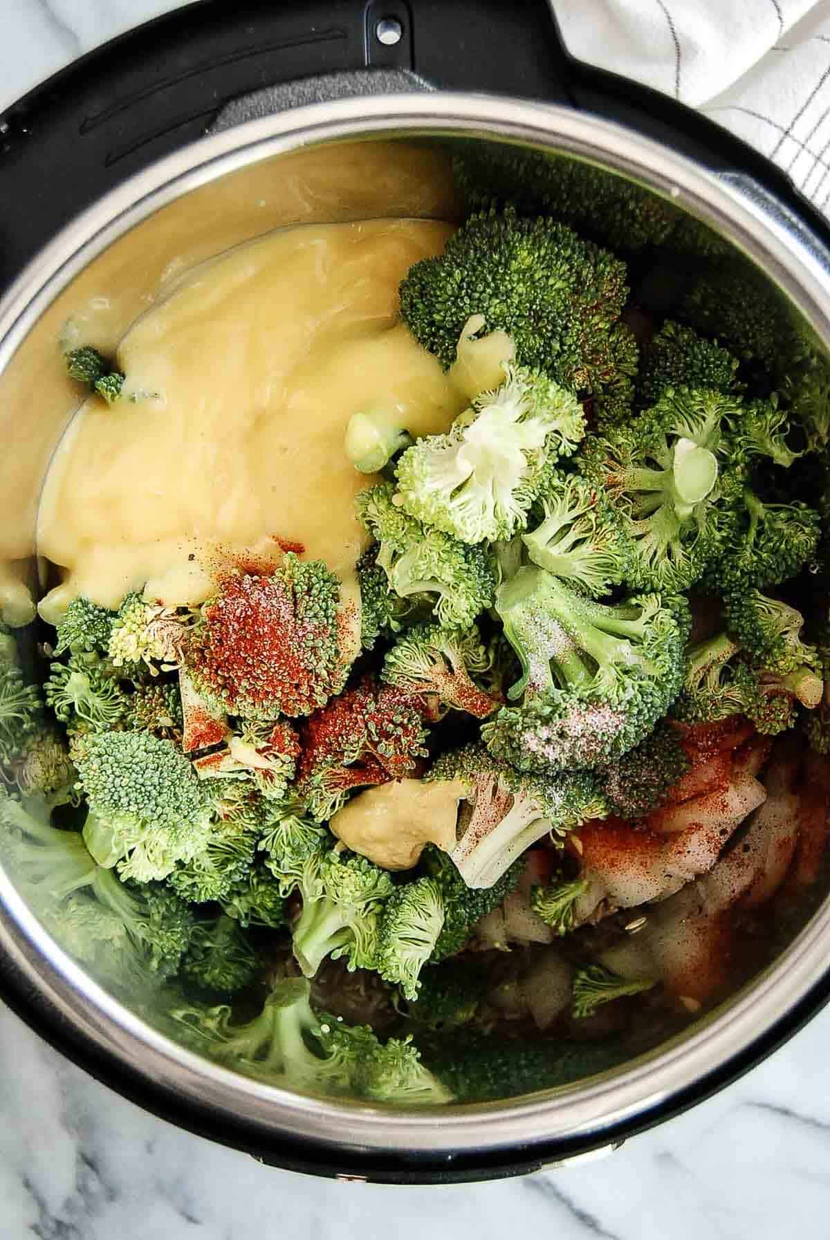 chicken, broccoli, rice, spices and cream of chicken soup in crock pot.