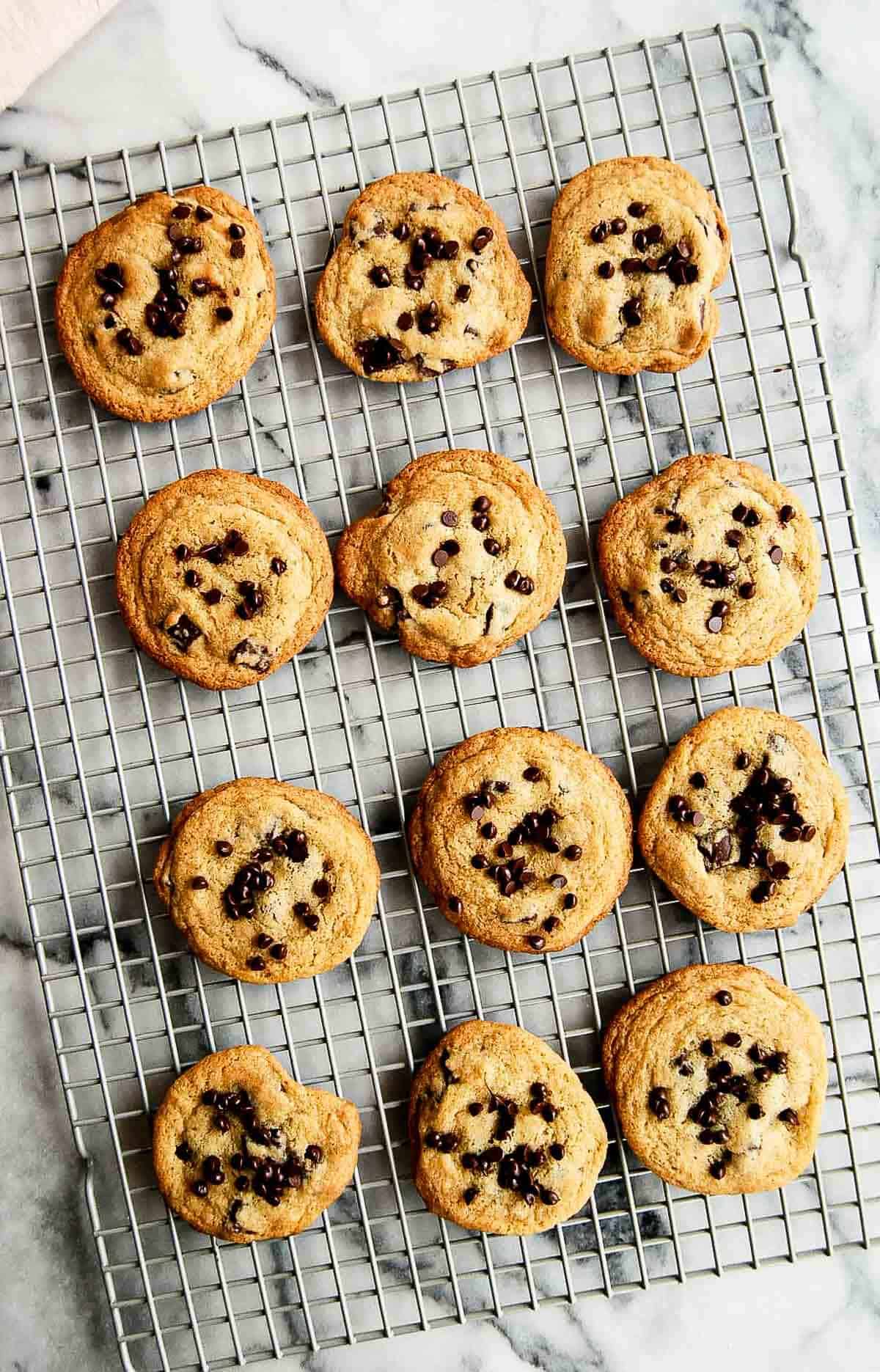 small batch of chocolate chip cookies on cooling rack.