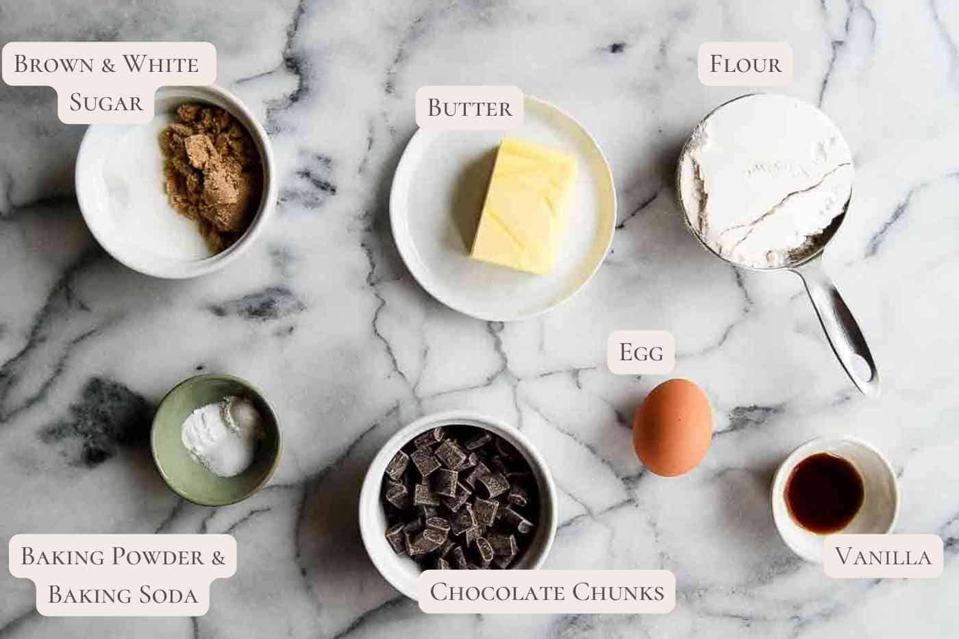 ingredients for small batch chocolate chip cookies on countertop, labeled.