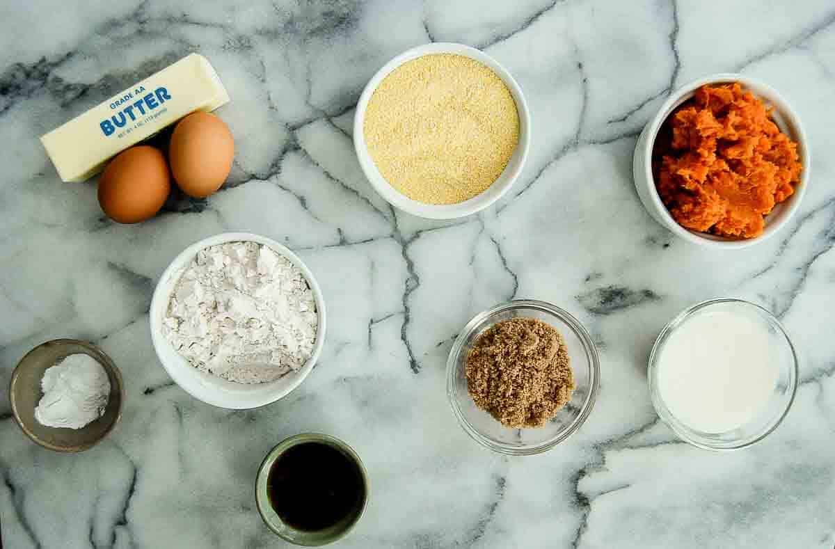 ingredients for sweet potato cornbread on countertop.