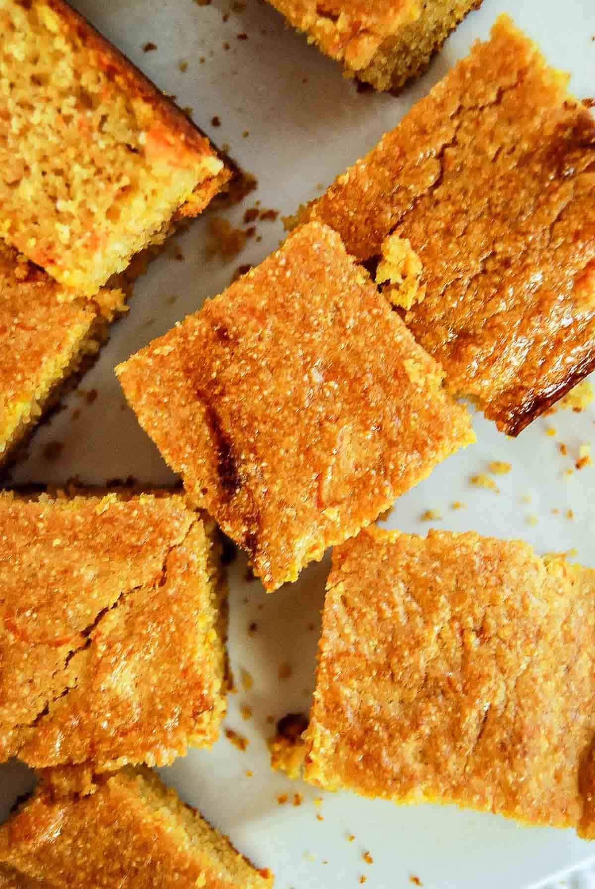 closeup of sweet potato cornbread squares.