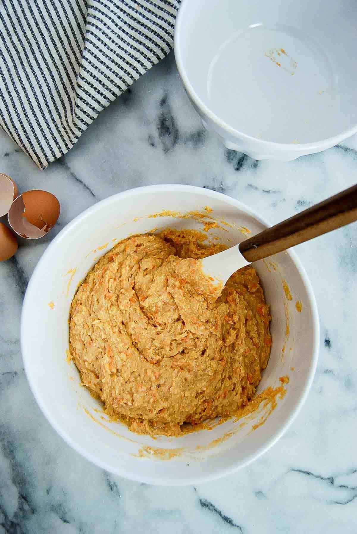 batter for sweet potato corn bread in large mixing bowl.