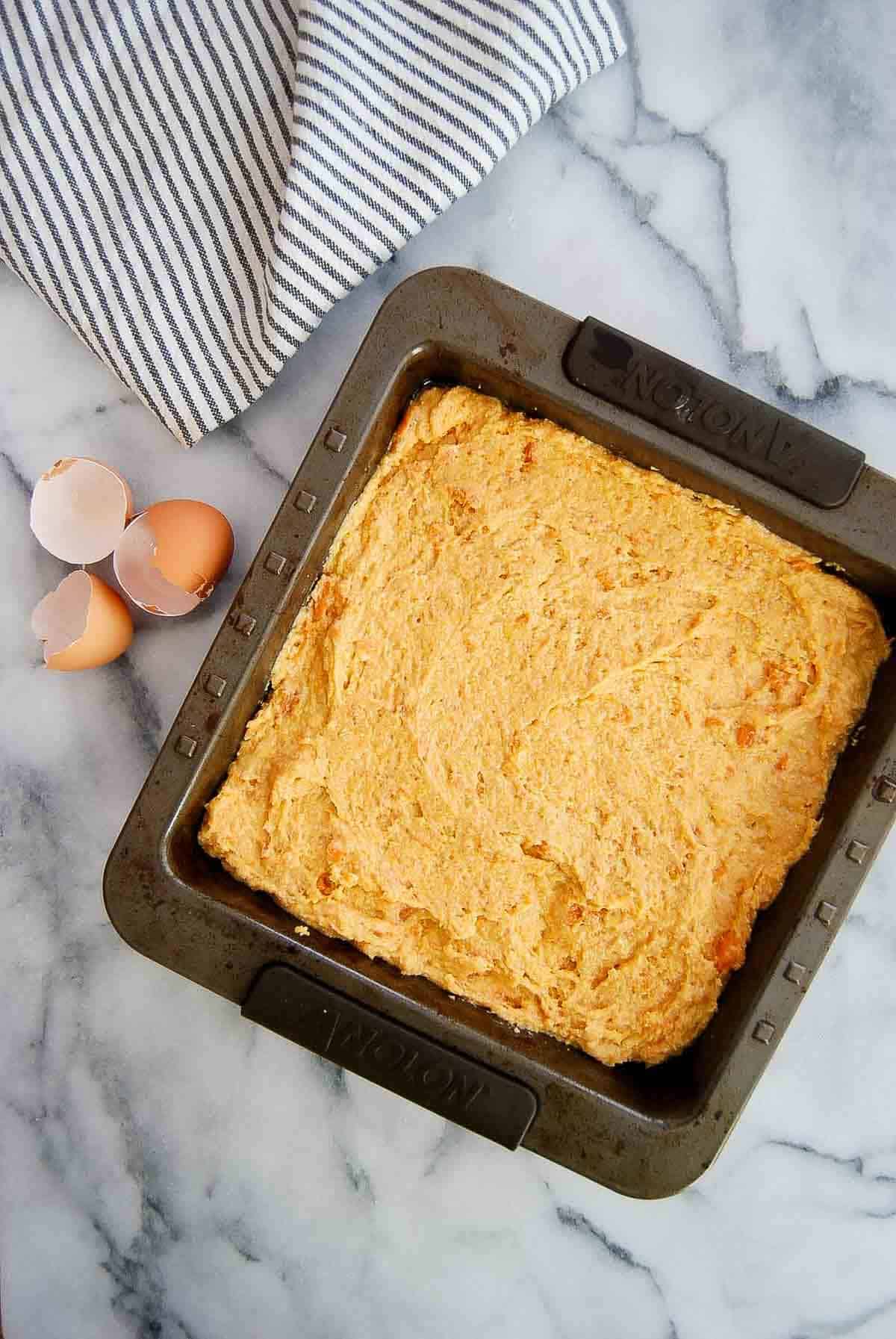 sweet potato cornbread in baking pan.