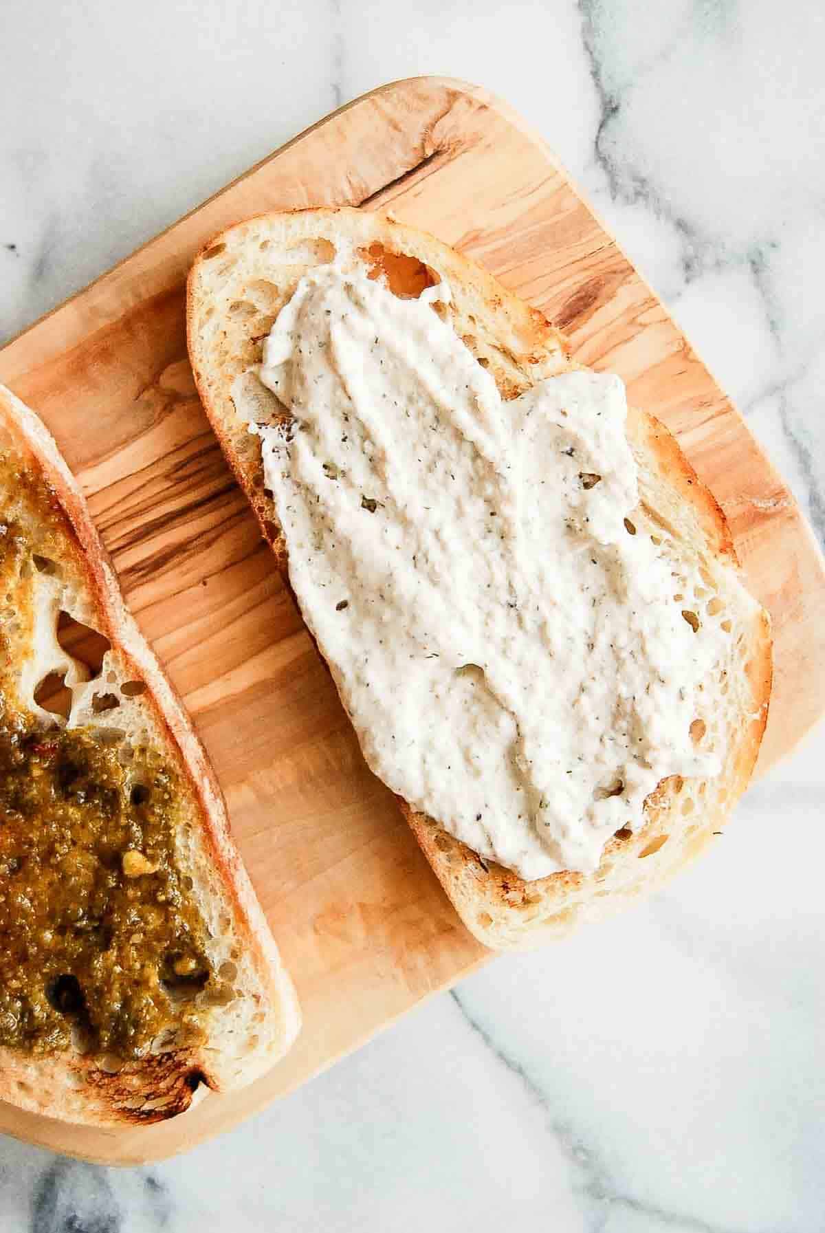 close up of tuna salad mousse on sourdough bread.