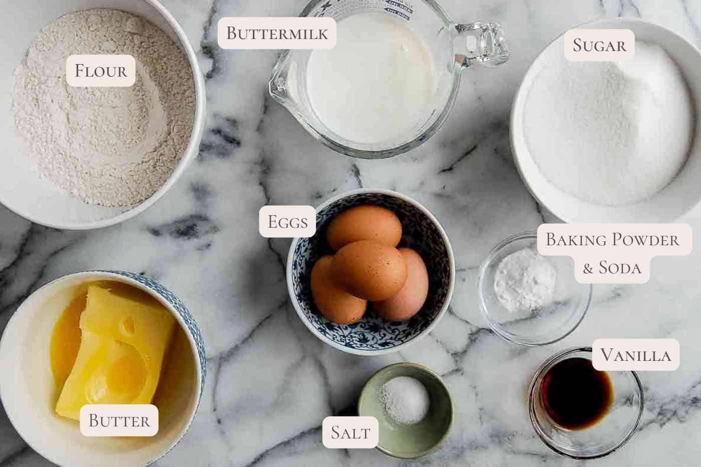 ingredients for vanilla cake on countertop.