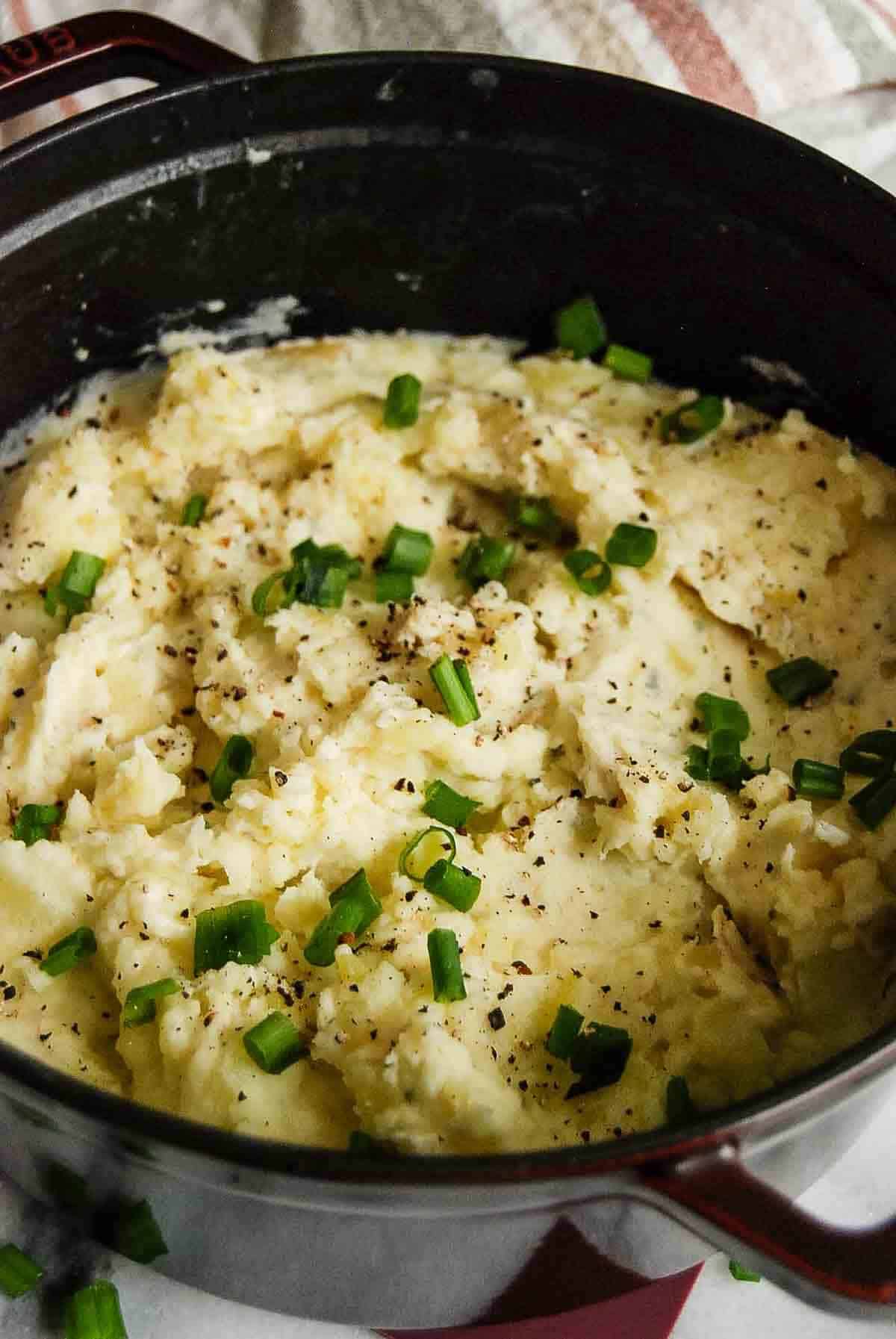 side view of boursin mashed potatoes in pot.