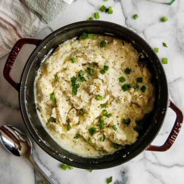 cheesy boursin mashed potatoes in pot.