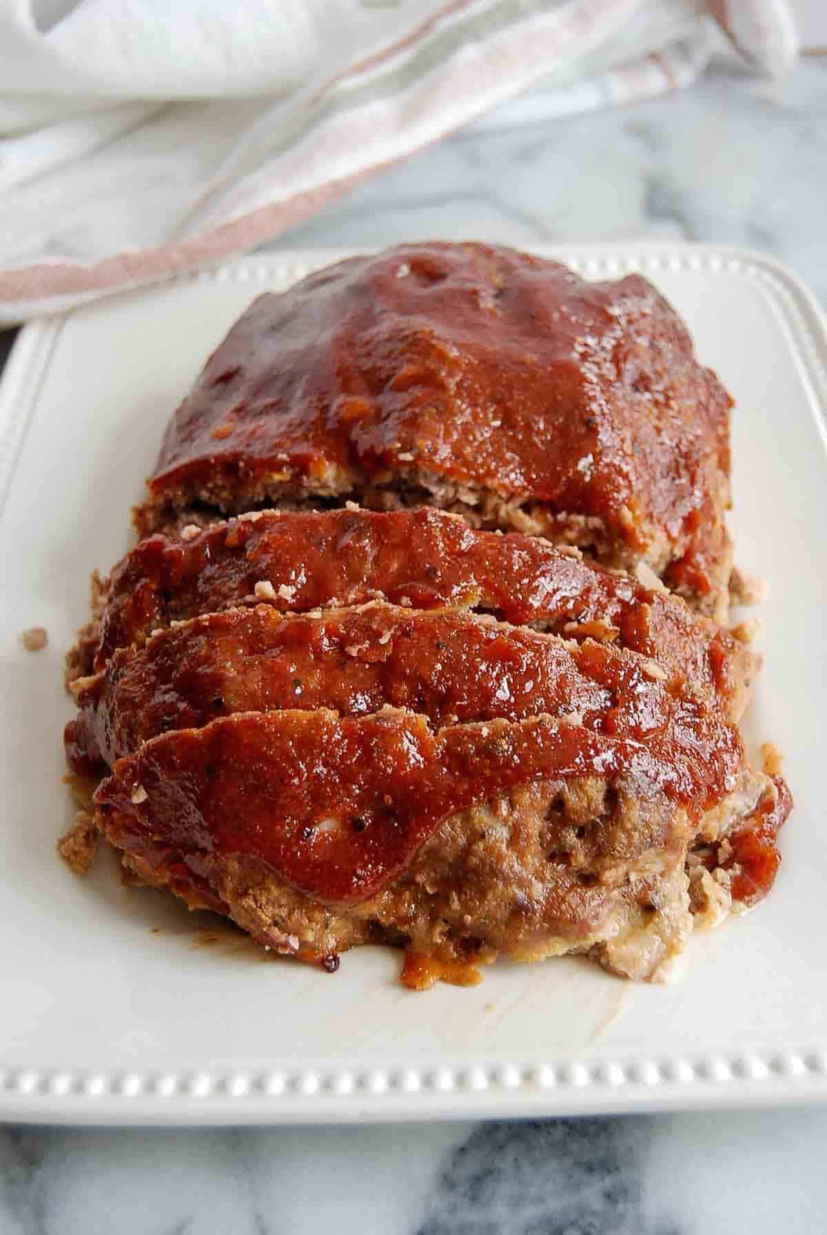 side view of sliced lipton onion soup meatloaf recipe.