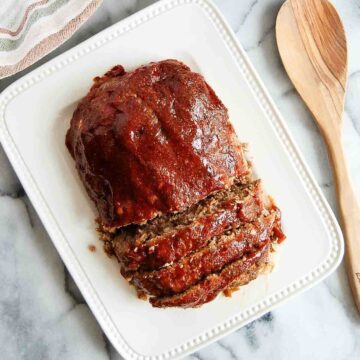 glazed meatloaf on platter.