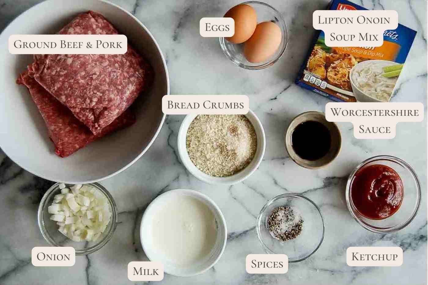 ingredients for lipton onion soup meatloaf recipe on countertop.