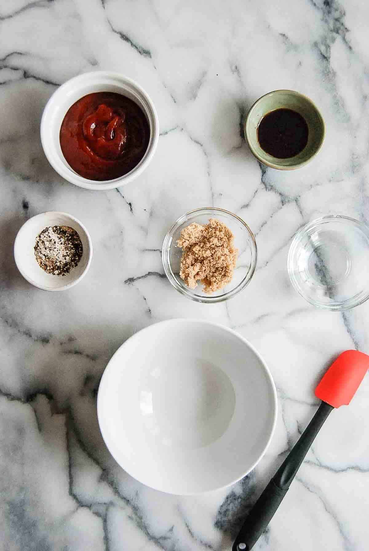 ingredients for meatloaf sauce, ready for mixing.