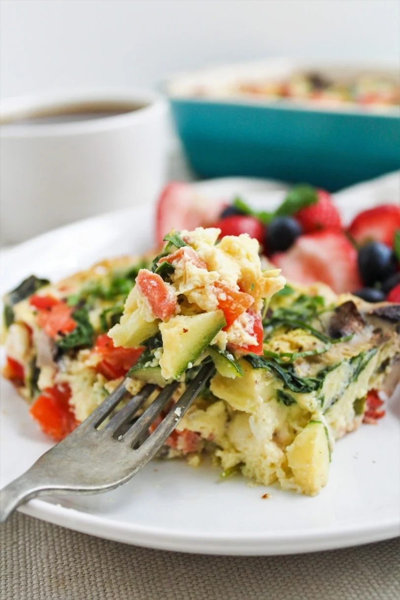 smoked salmon vegetable egg casserole on plate.