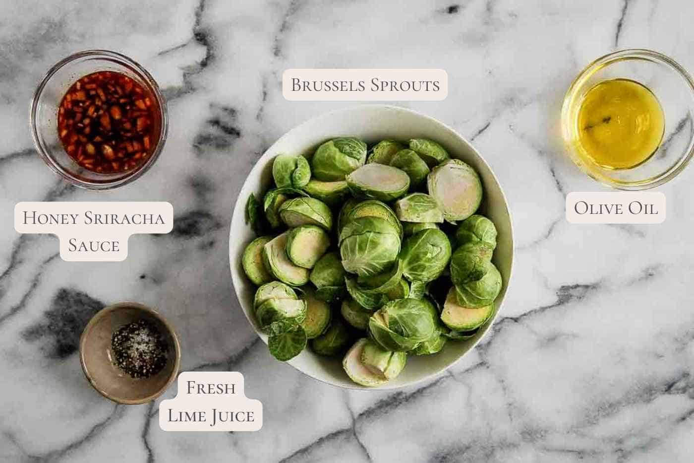 ingredients for honey sriracha brussels sprouts on countertop.