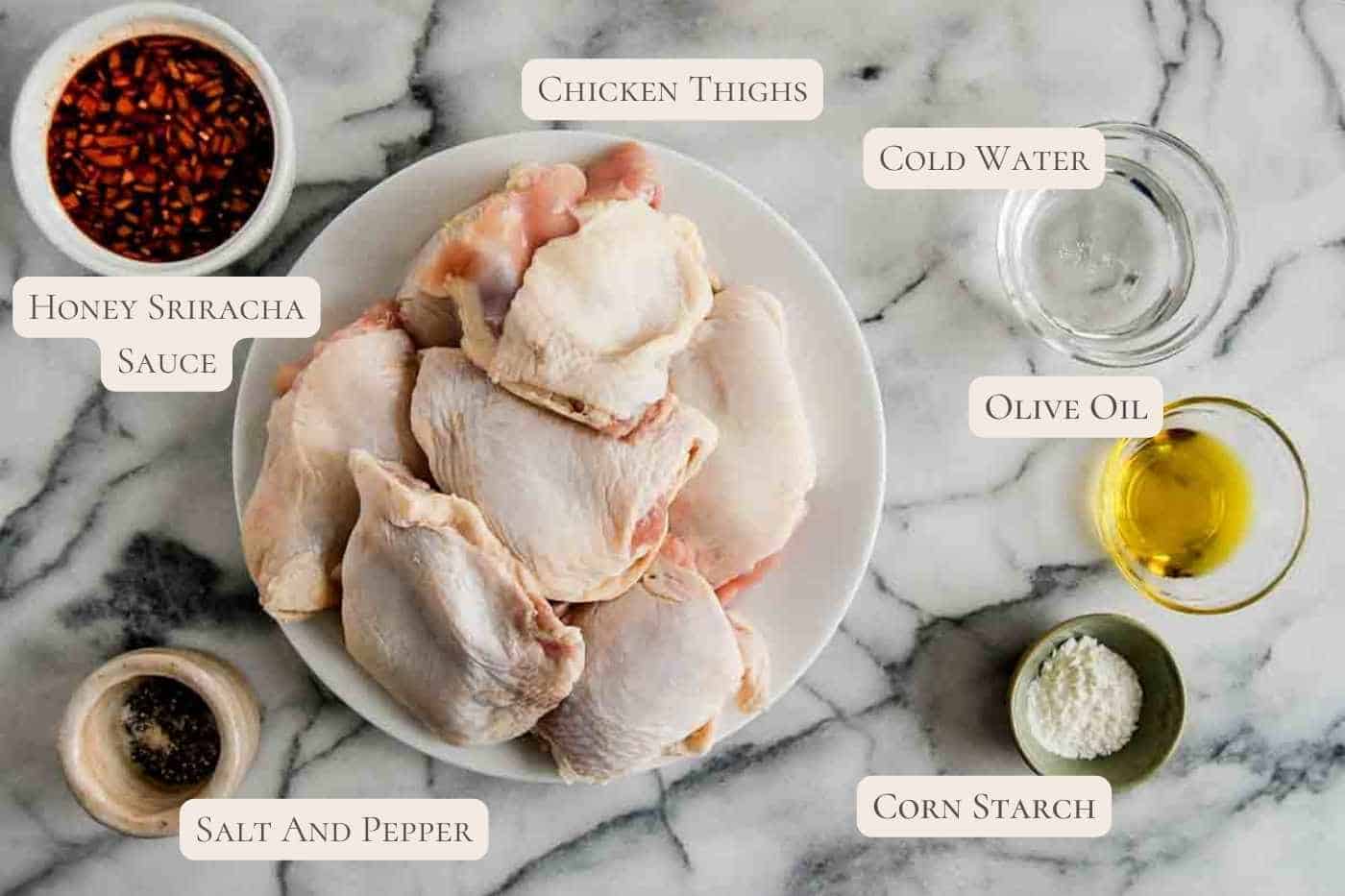 ingredients for honey sriracha chicken.