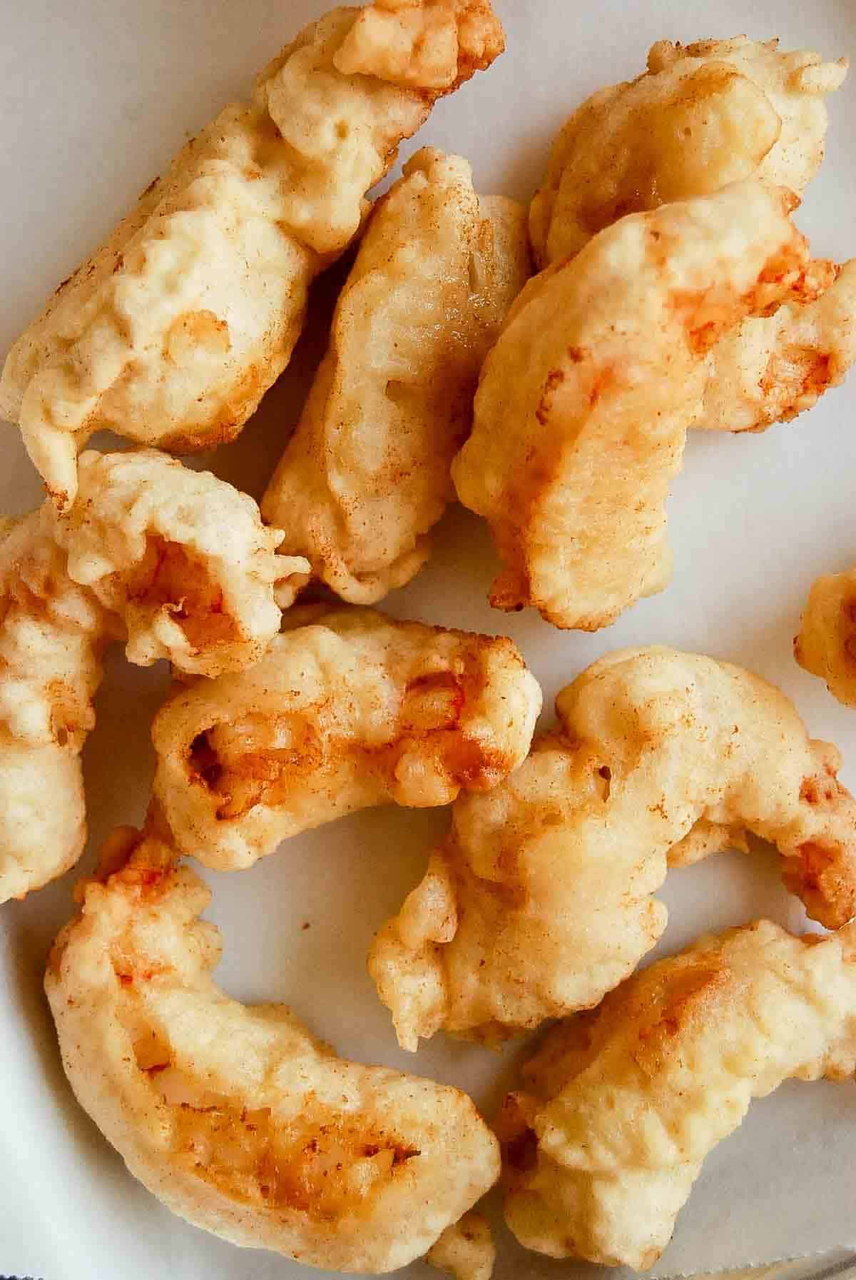 closeup of tempura shrimp.