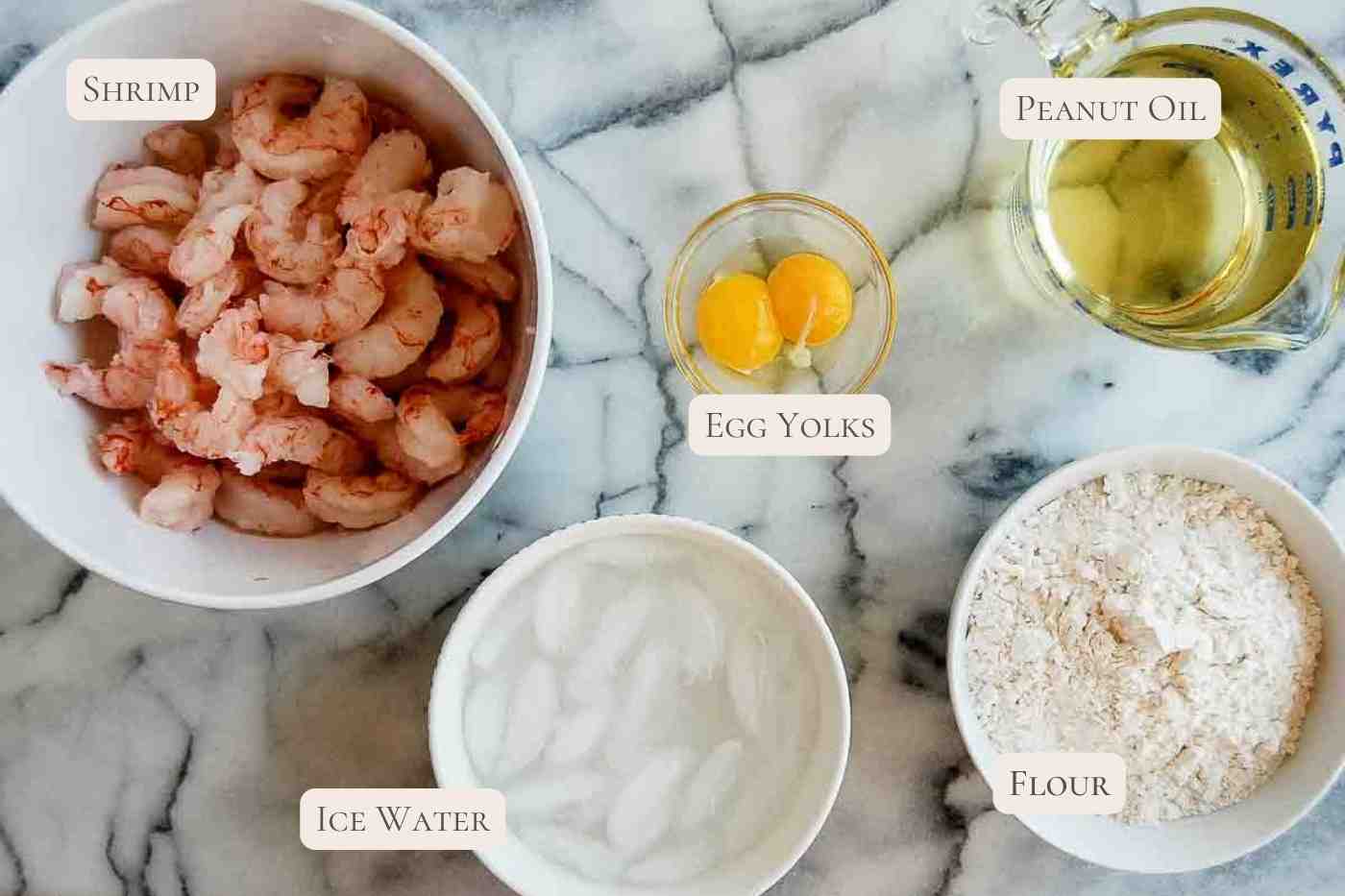 ingredients for tempura shrimp on countertop, labeled.