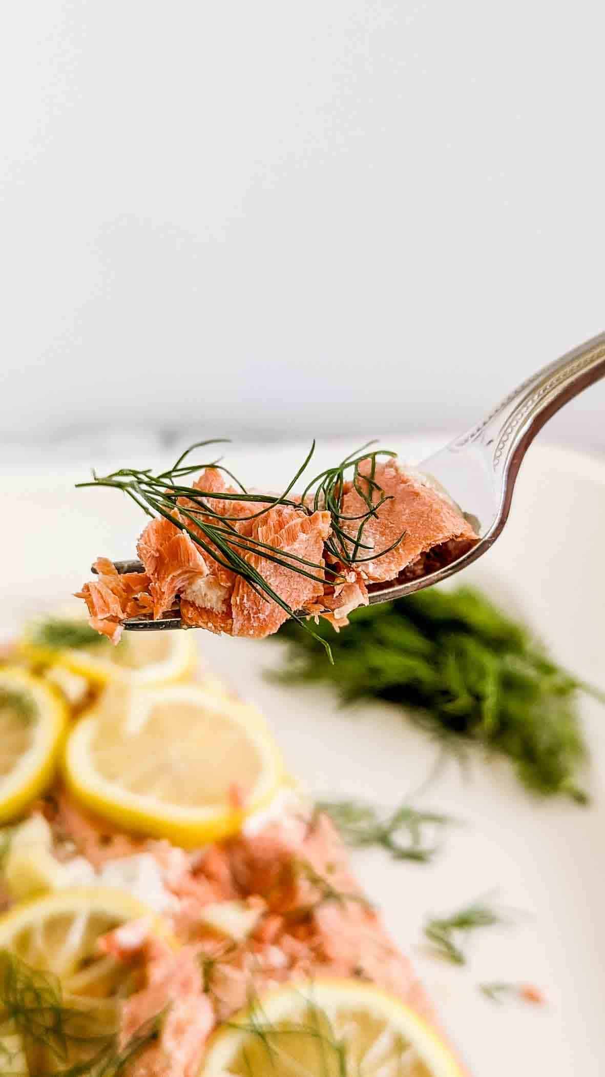 fork full of baked salmon with dill.