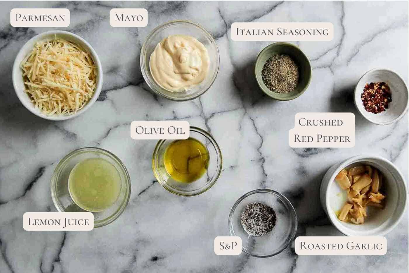 ingredients for garlic parmesan sauce on countertop.