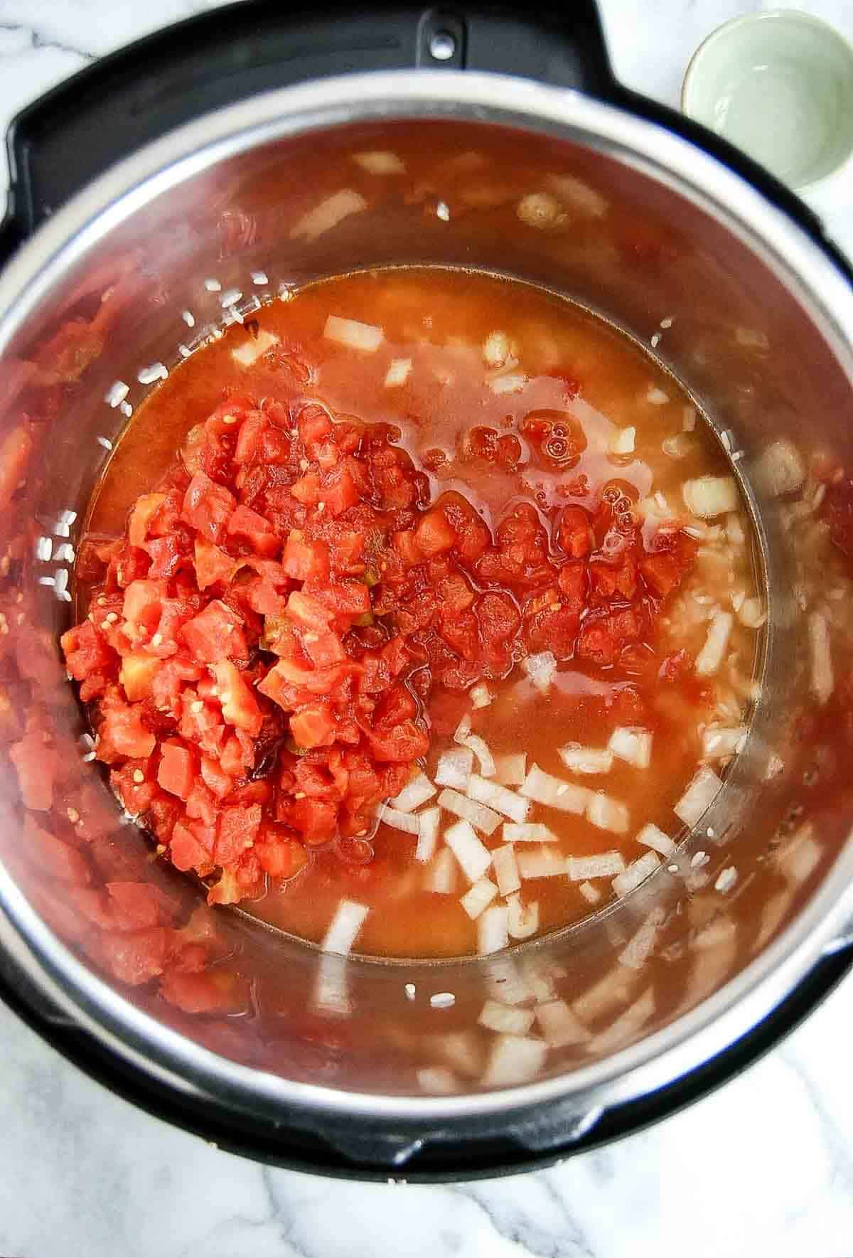 ingredients for mexican rice in pressure cooker.