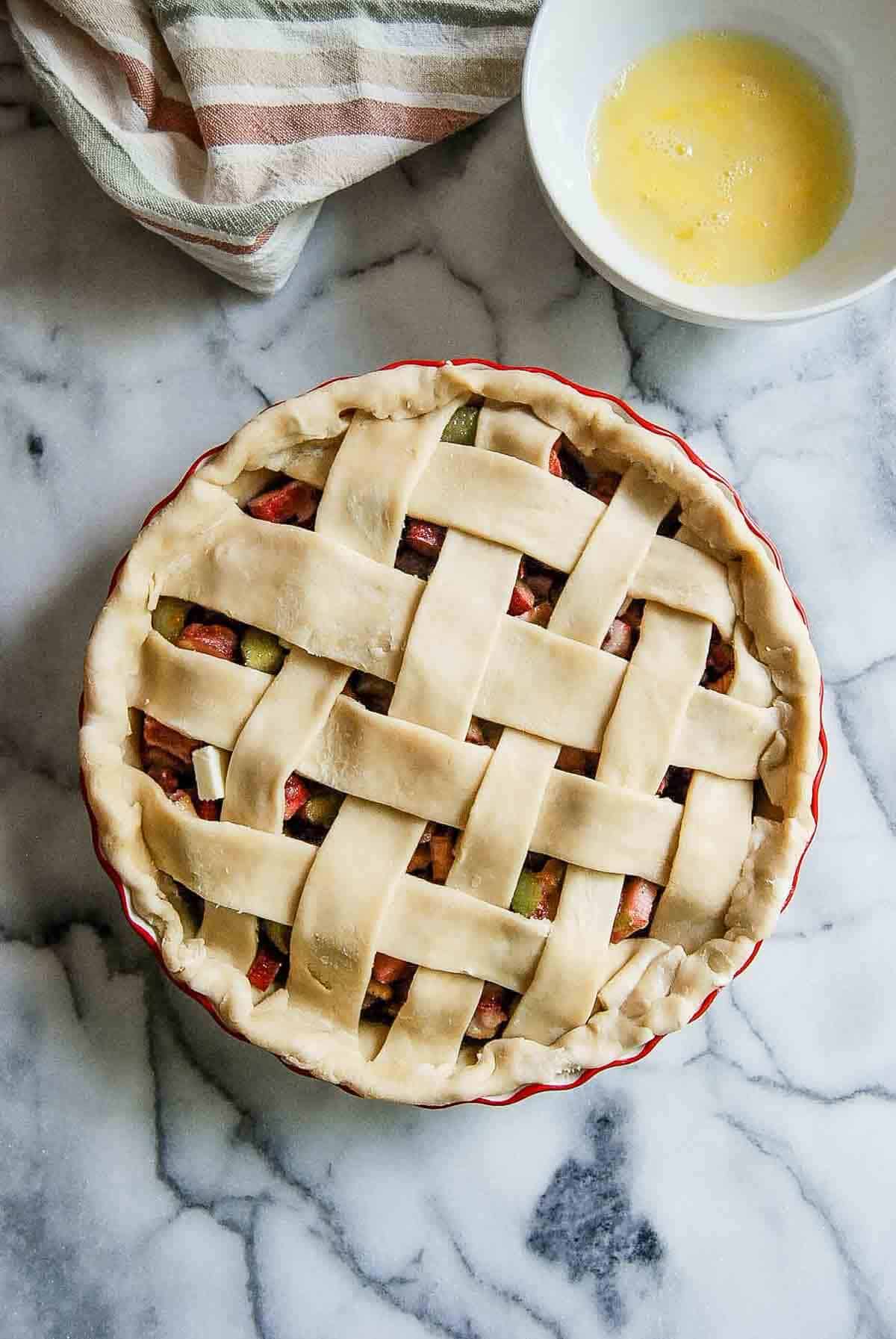 rhubarb pie with lattice topping, before going into oven.