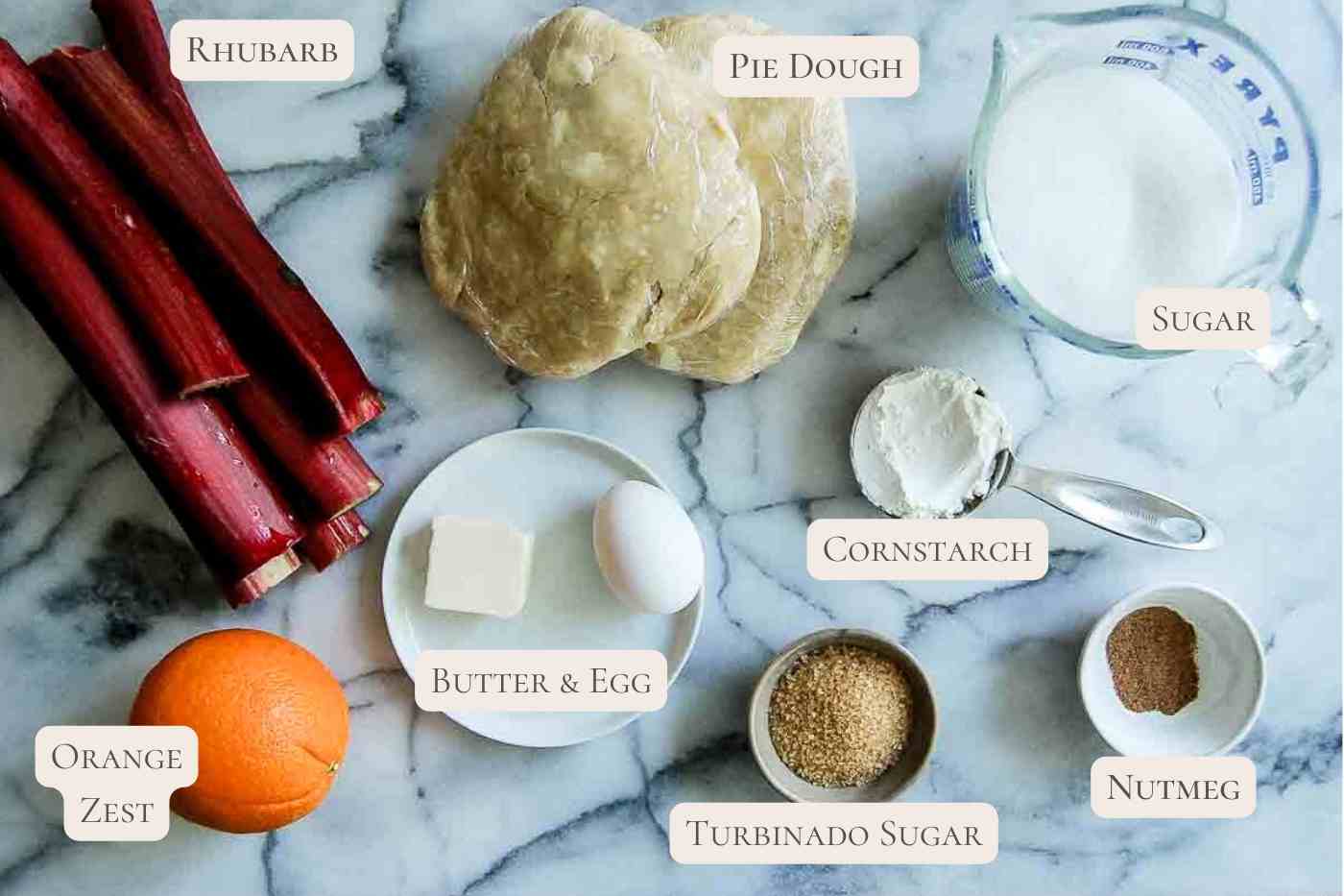 ingredients for rhubarb pie on countertop.