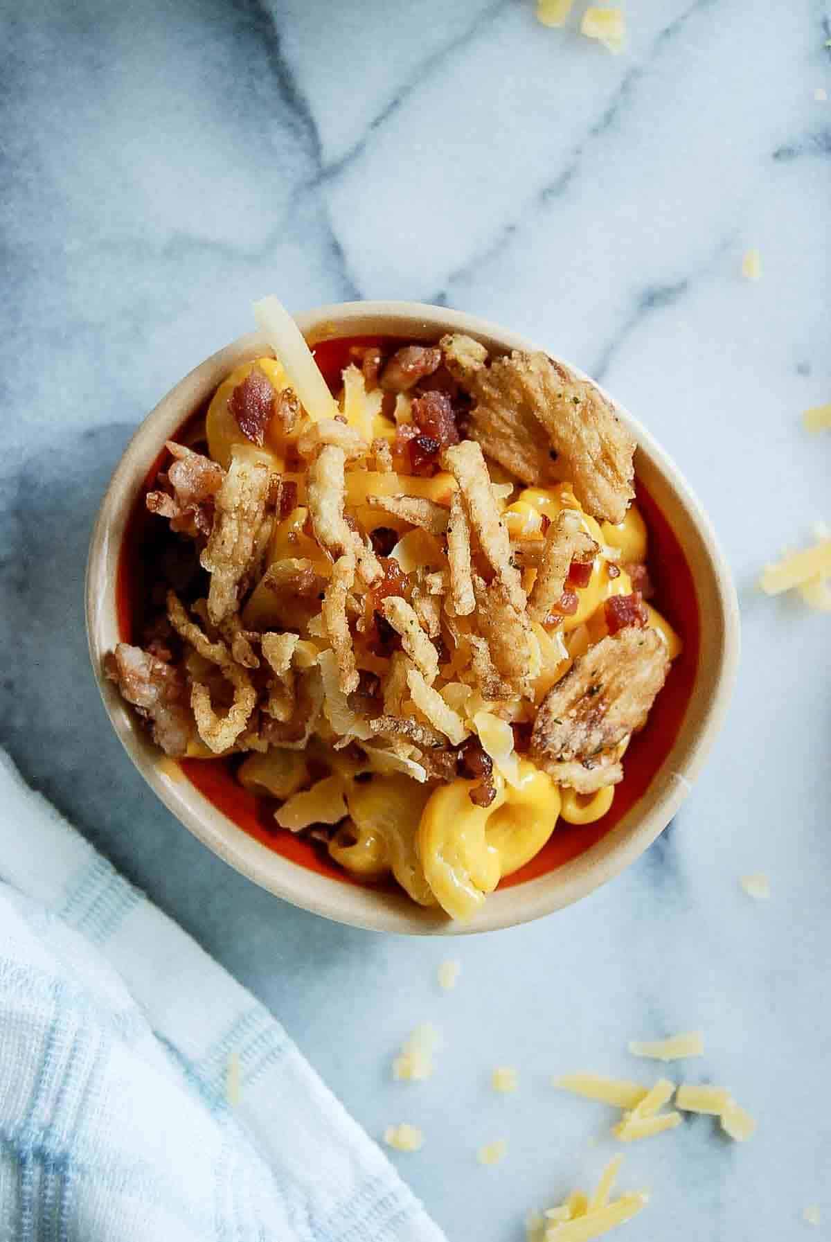 mach and cheese with bacon and fried onions.