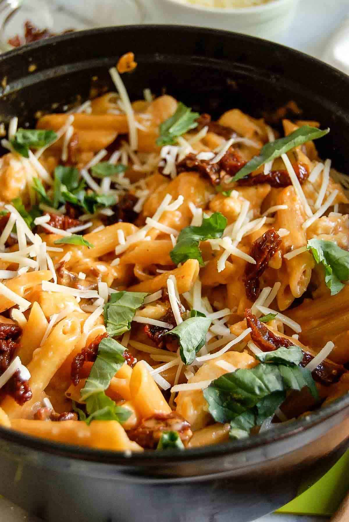 side view of marry me chicken pasta.