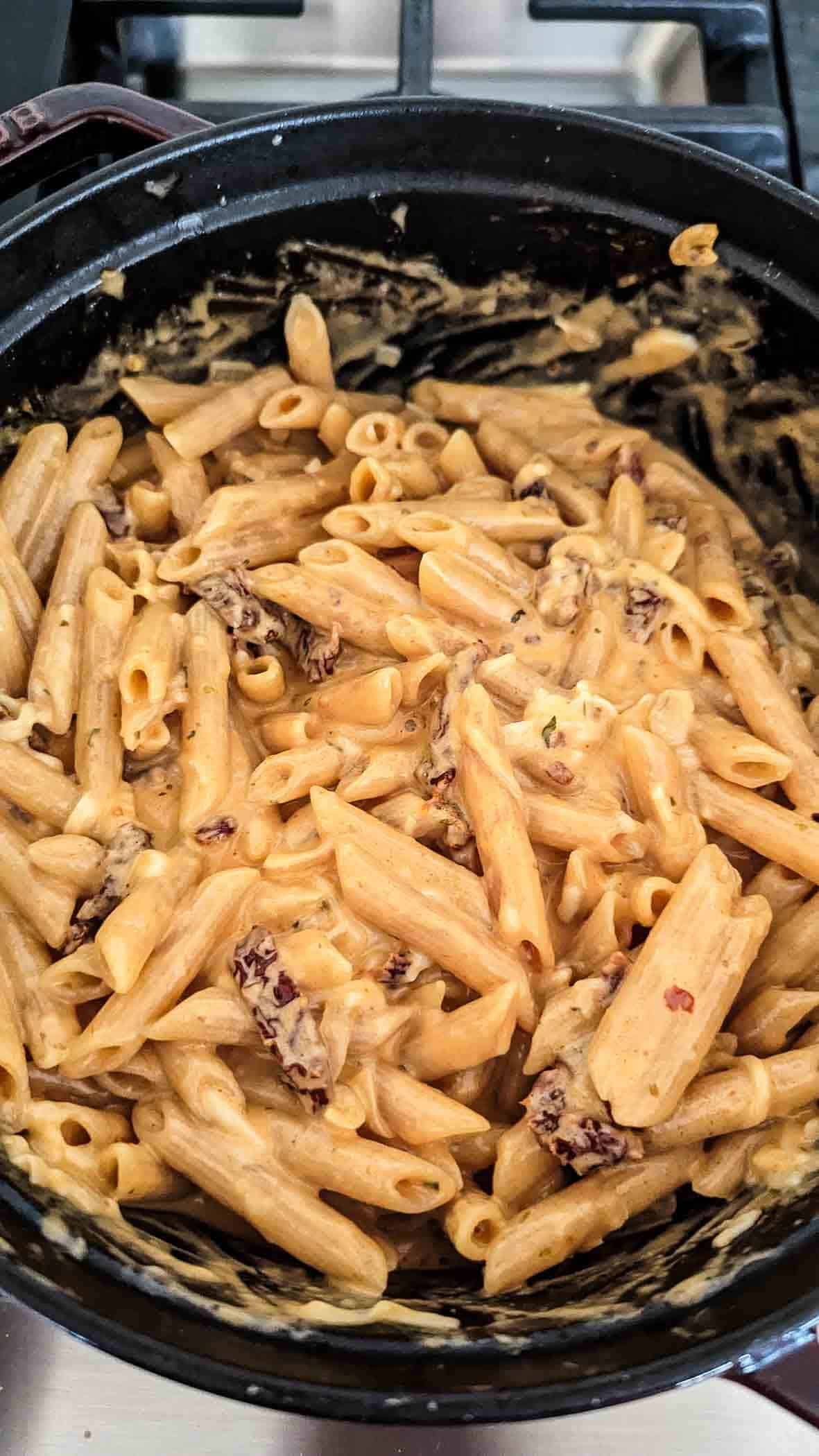 Creamy sun dried tomato sauce with pasta noodles.