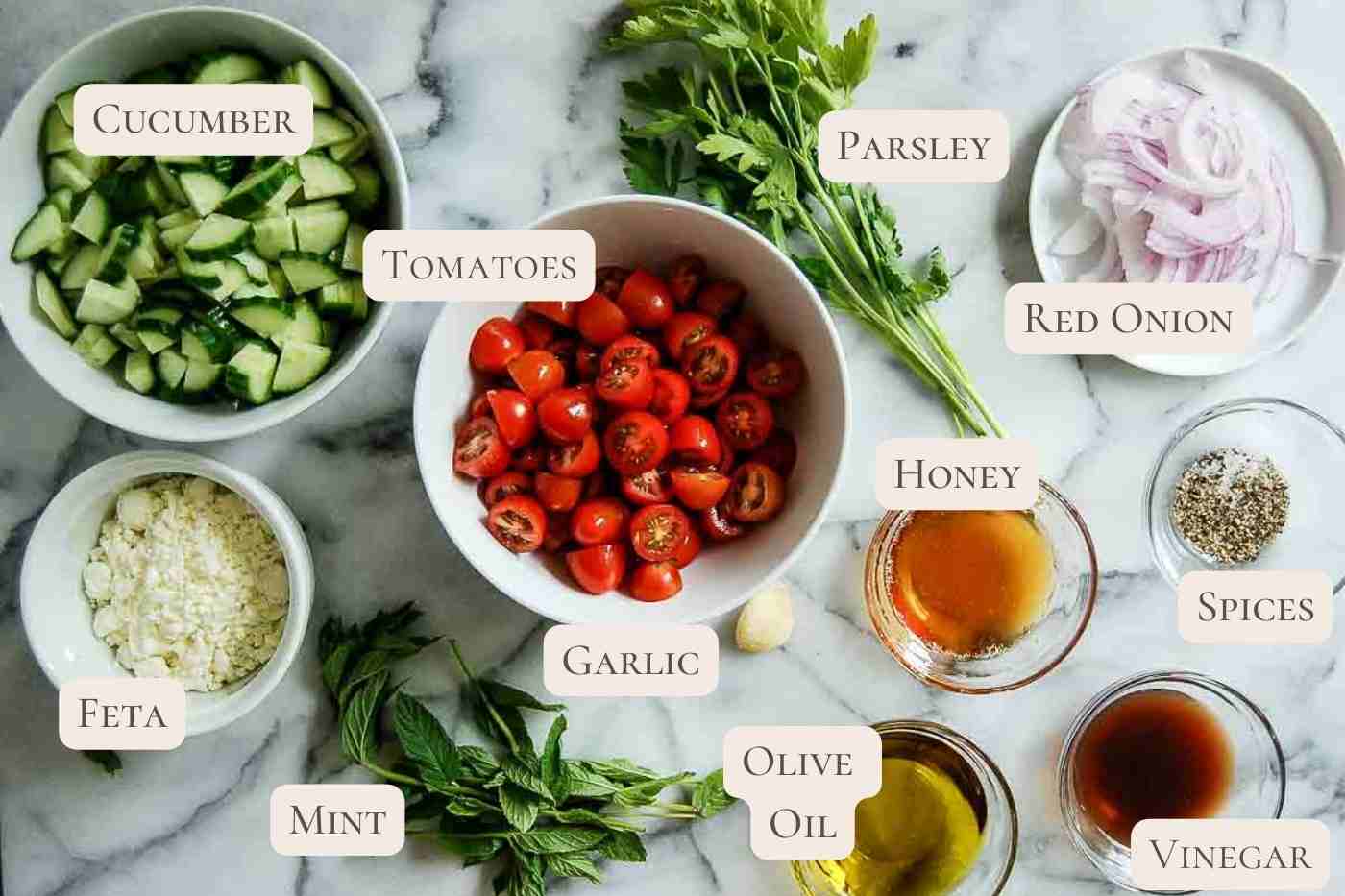 ingredients for Mediterranean cucumber salad on countertop, labeled.