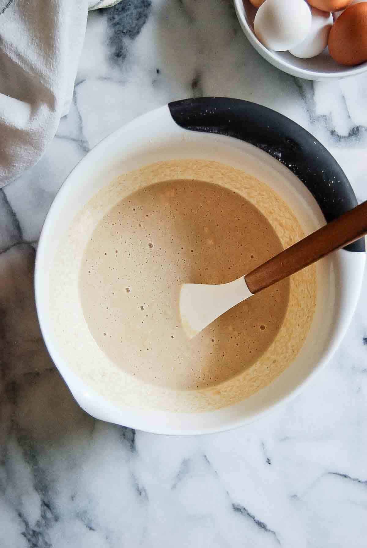 pancake batter in bowl on countertop.