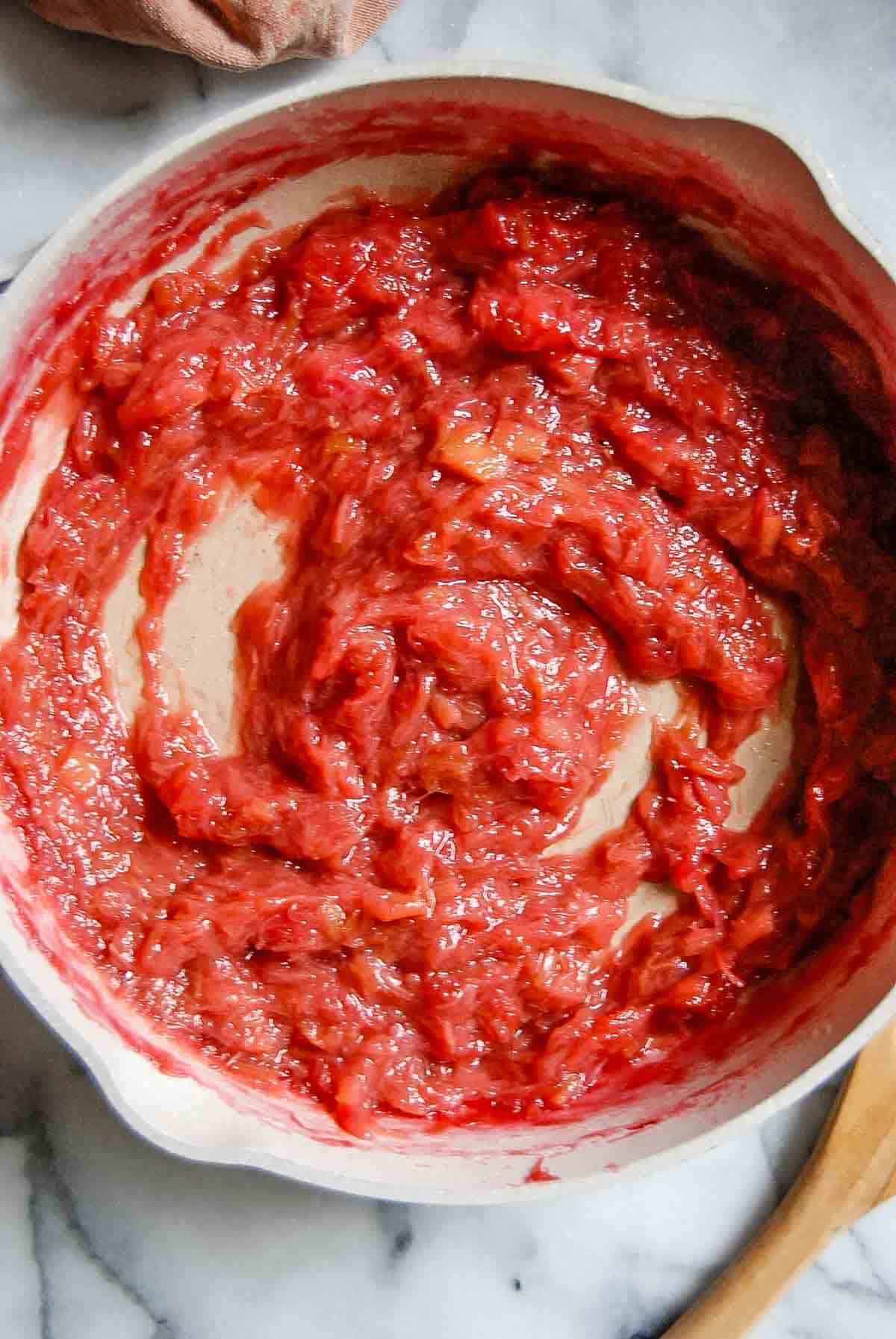 closeup of rhubarb sauce in saucepan.