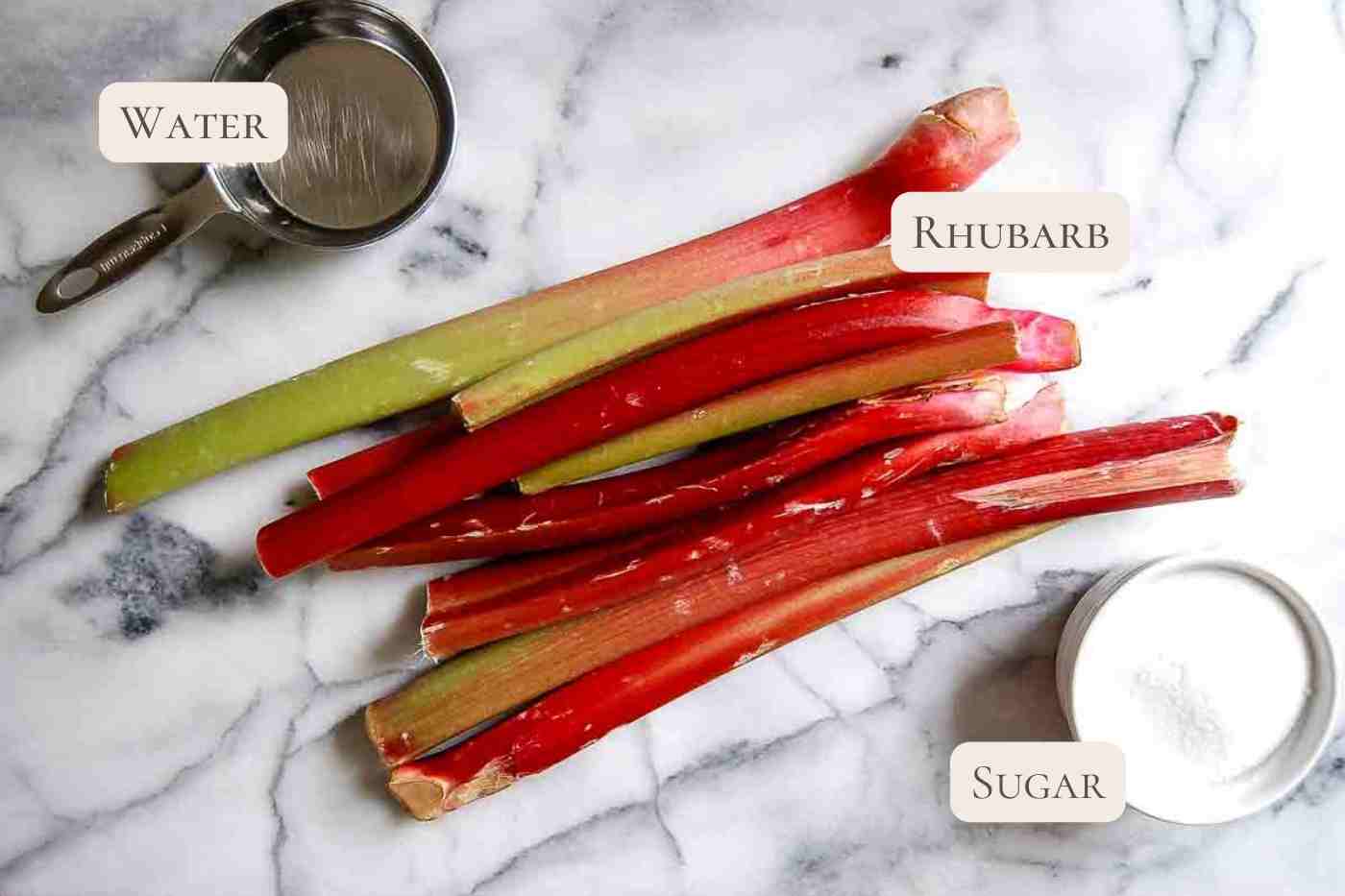 ingredients for rhubarb sauce on countertop.