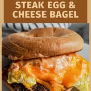 steak egg and cheese bagel sandwich.