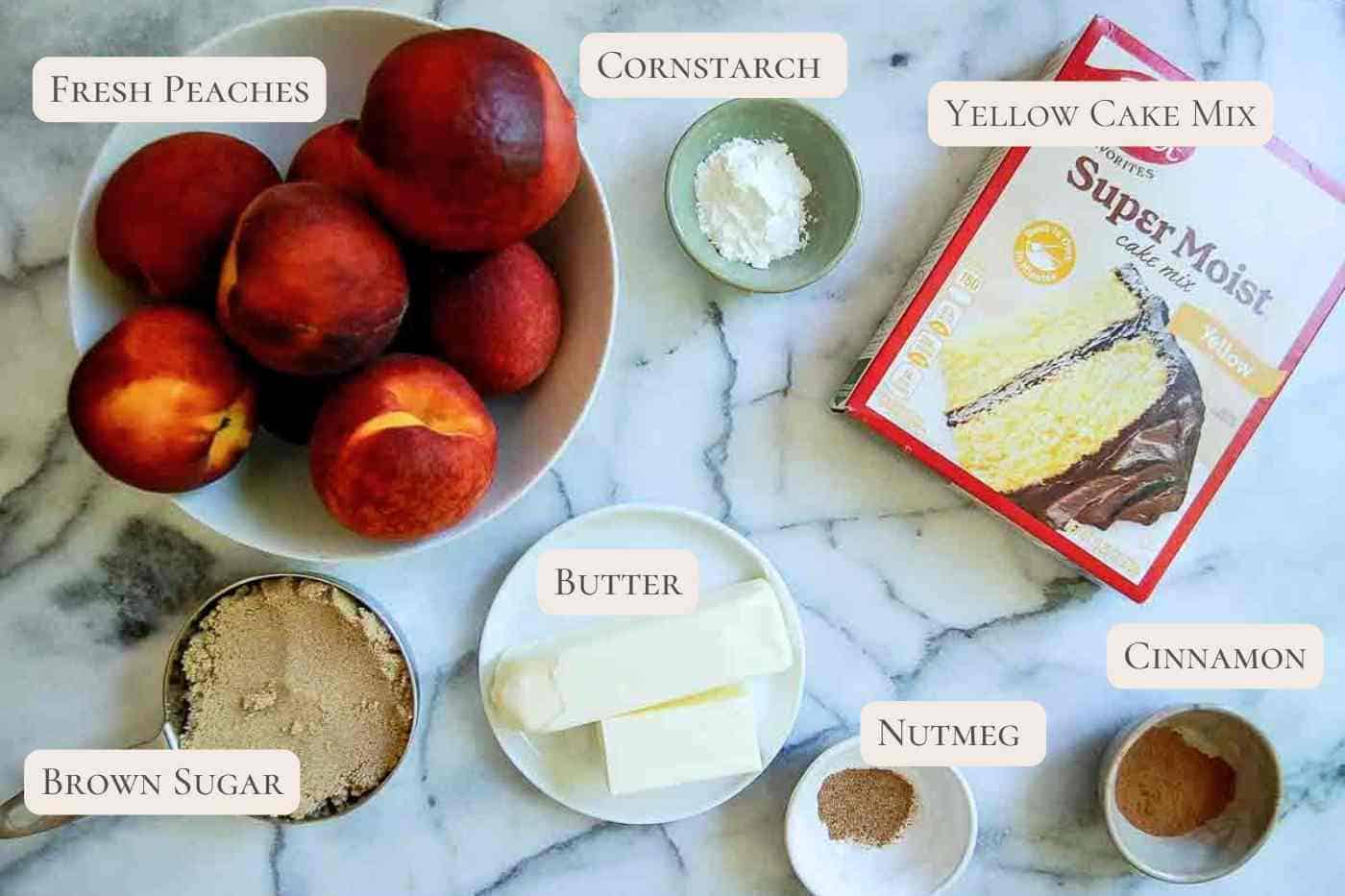 ingredients for peach cobbler with cake mix, labeled.