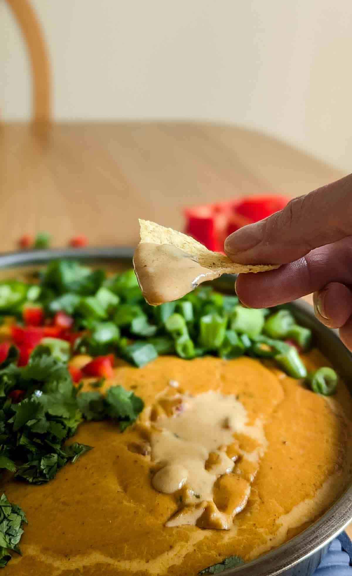 chip dipped in smoked queso dip.
