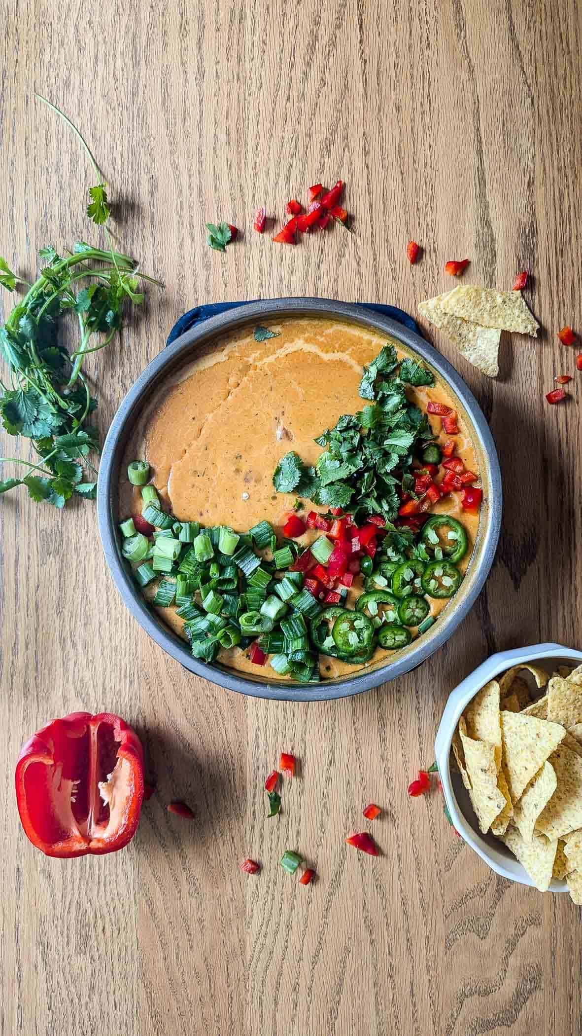 smoked queso dip with garnishes on the top.