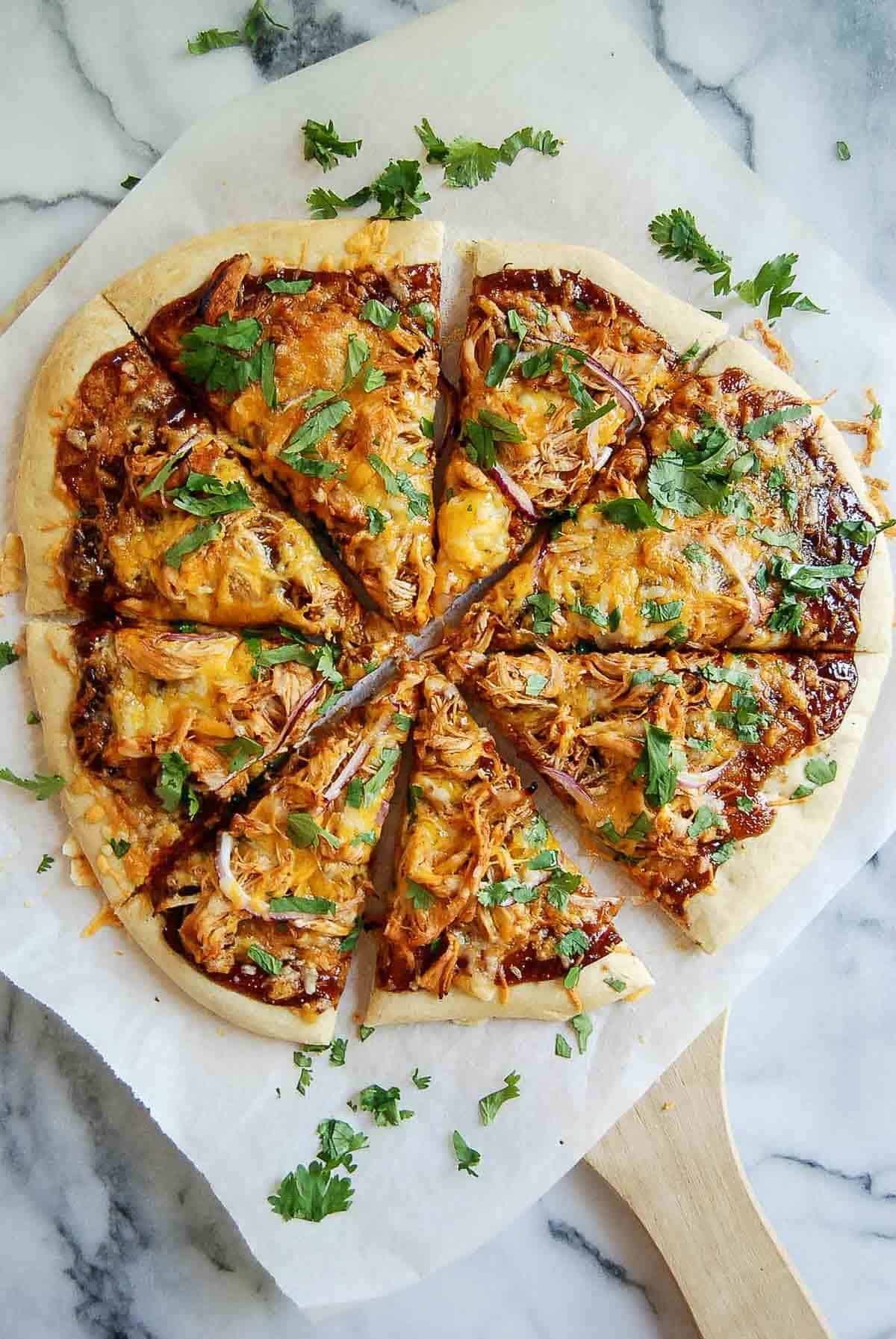 bbq chicken flatbread pizza, sliced.