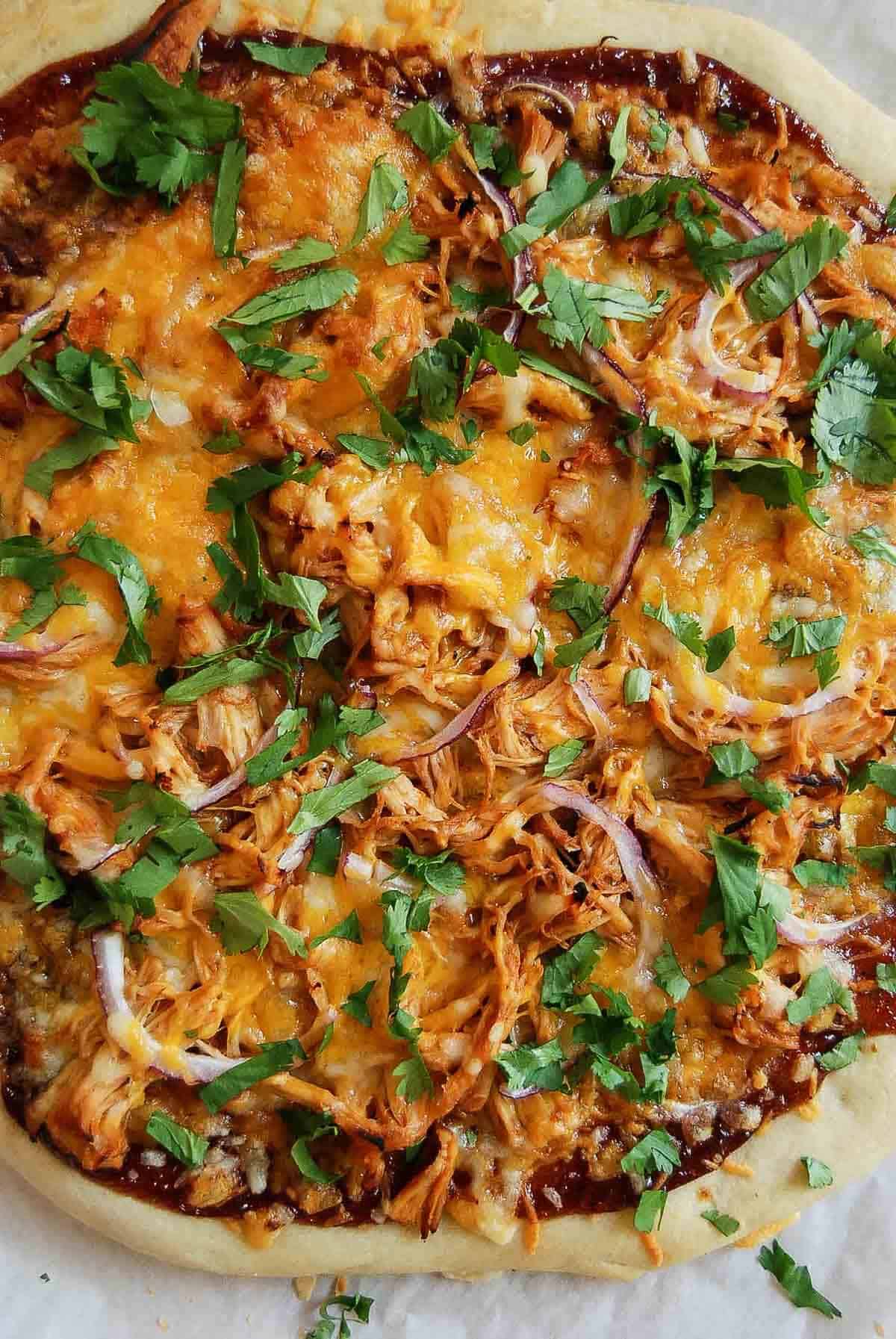 closeup of bbq chicken flatbread.