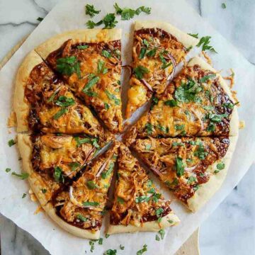 bbq chicken flatbread pizza, sliced.