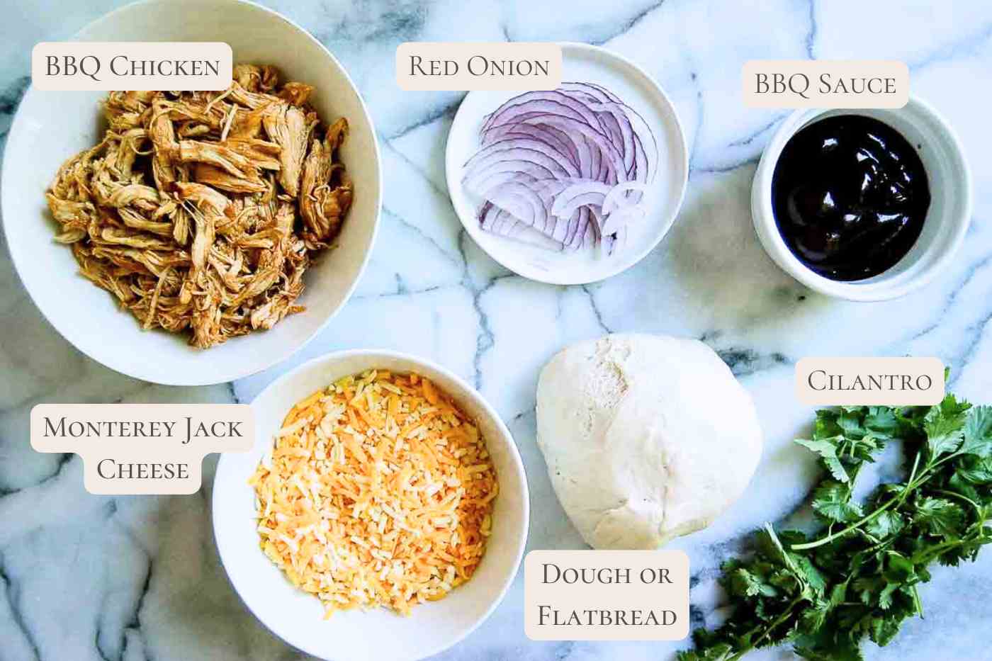 ingredients for bbq chicken flatbread, labeled.