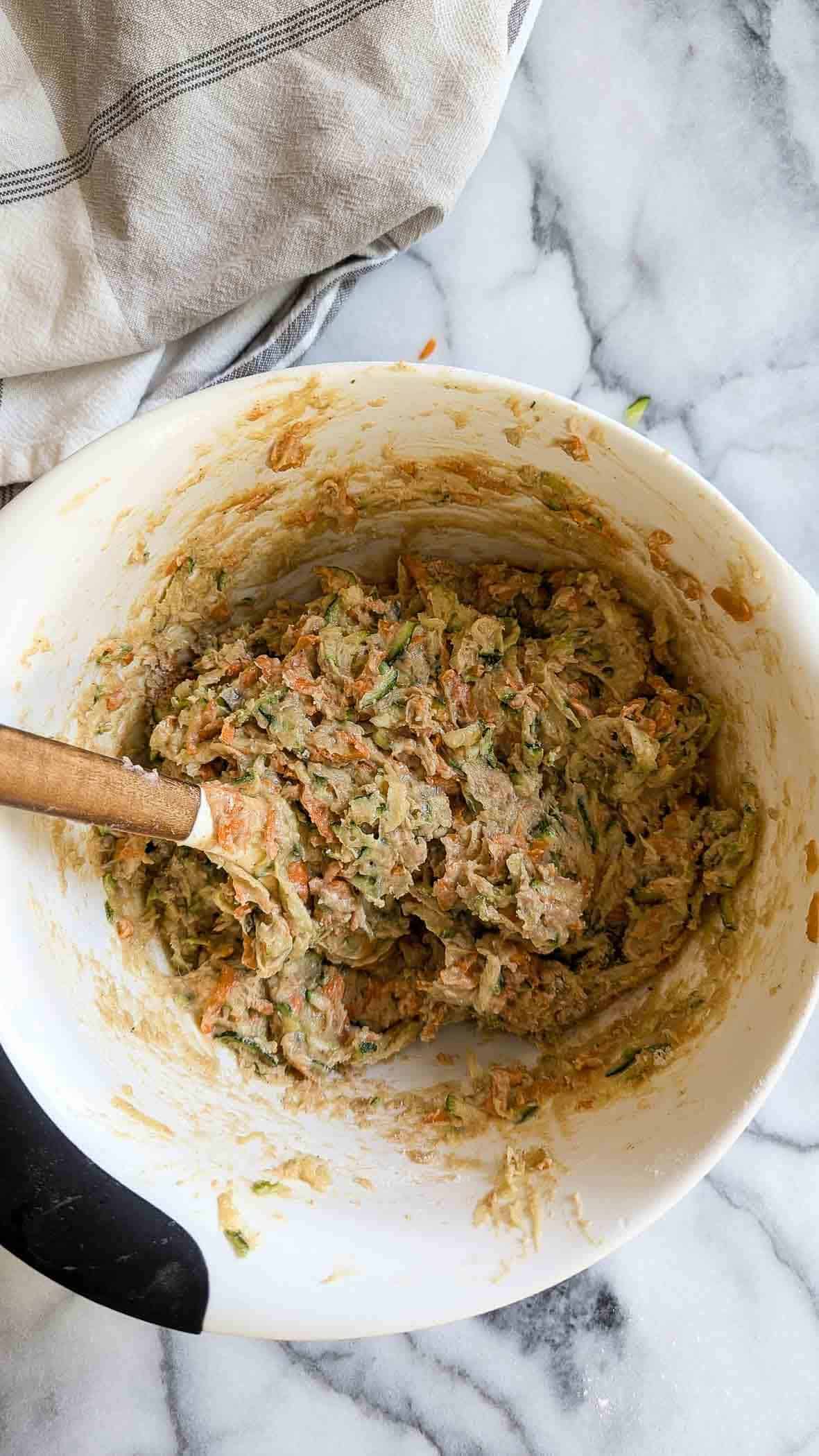 mixed wet ingredients for carrot zucchini muffins.