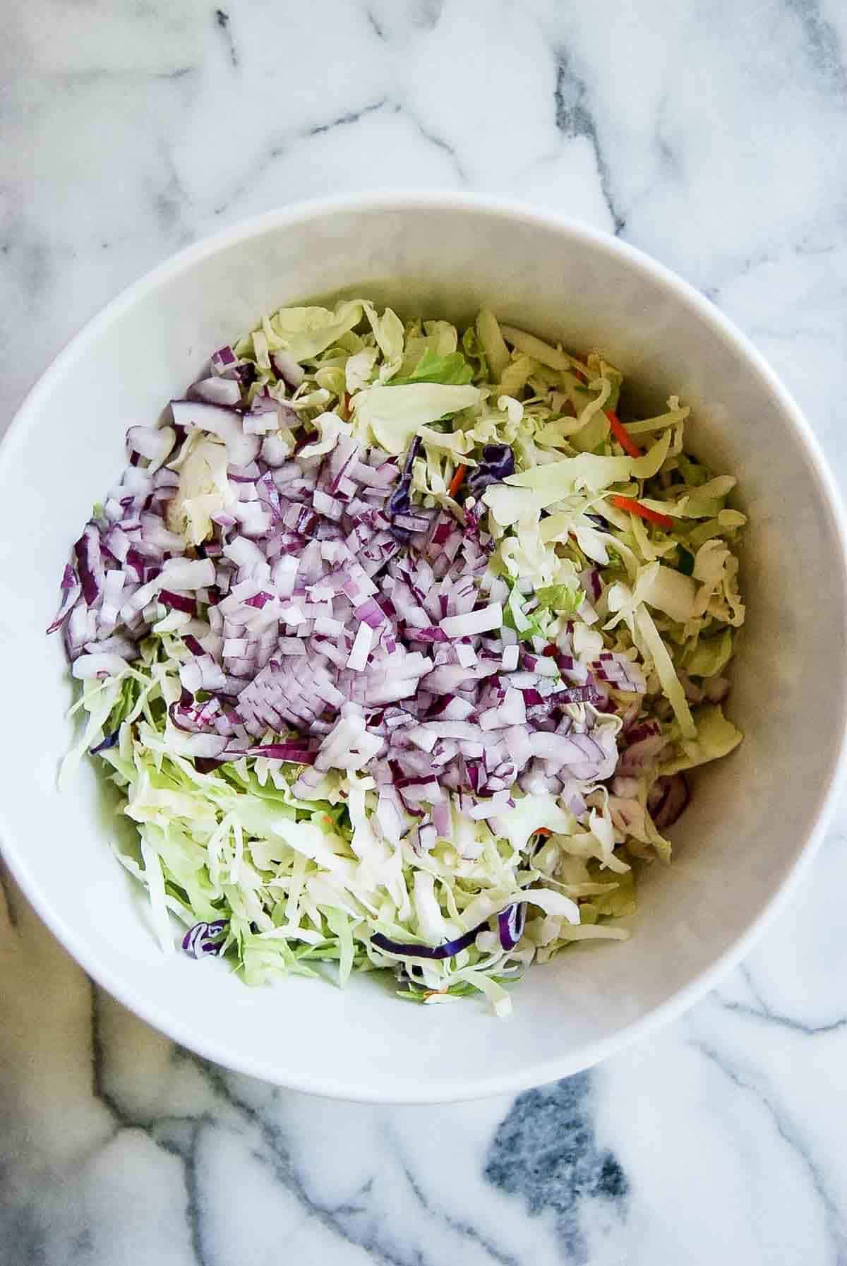 coleslaw mix and red onion in bowl.