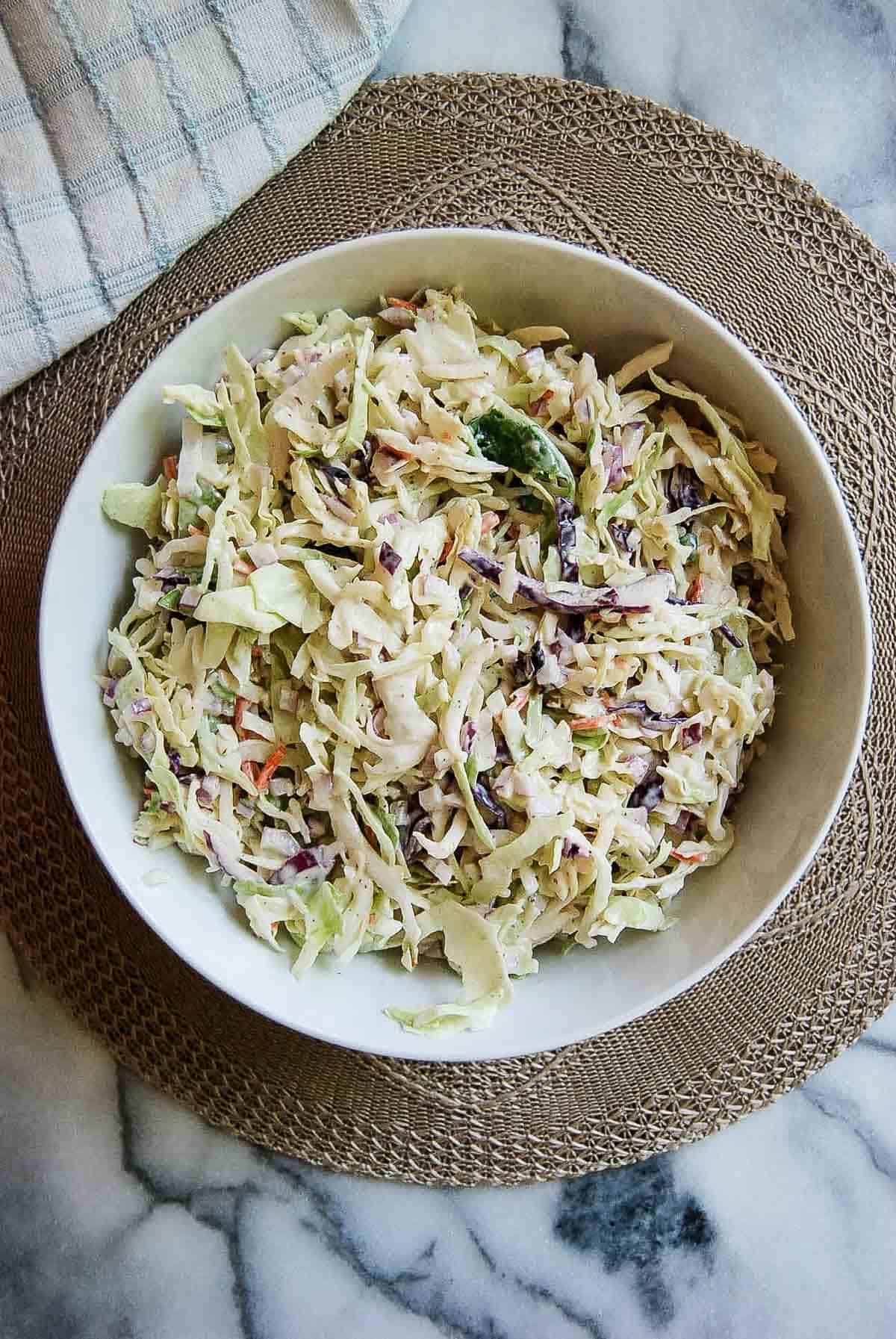 coleslaw for pulled pork on countertop.