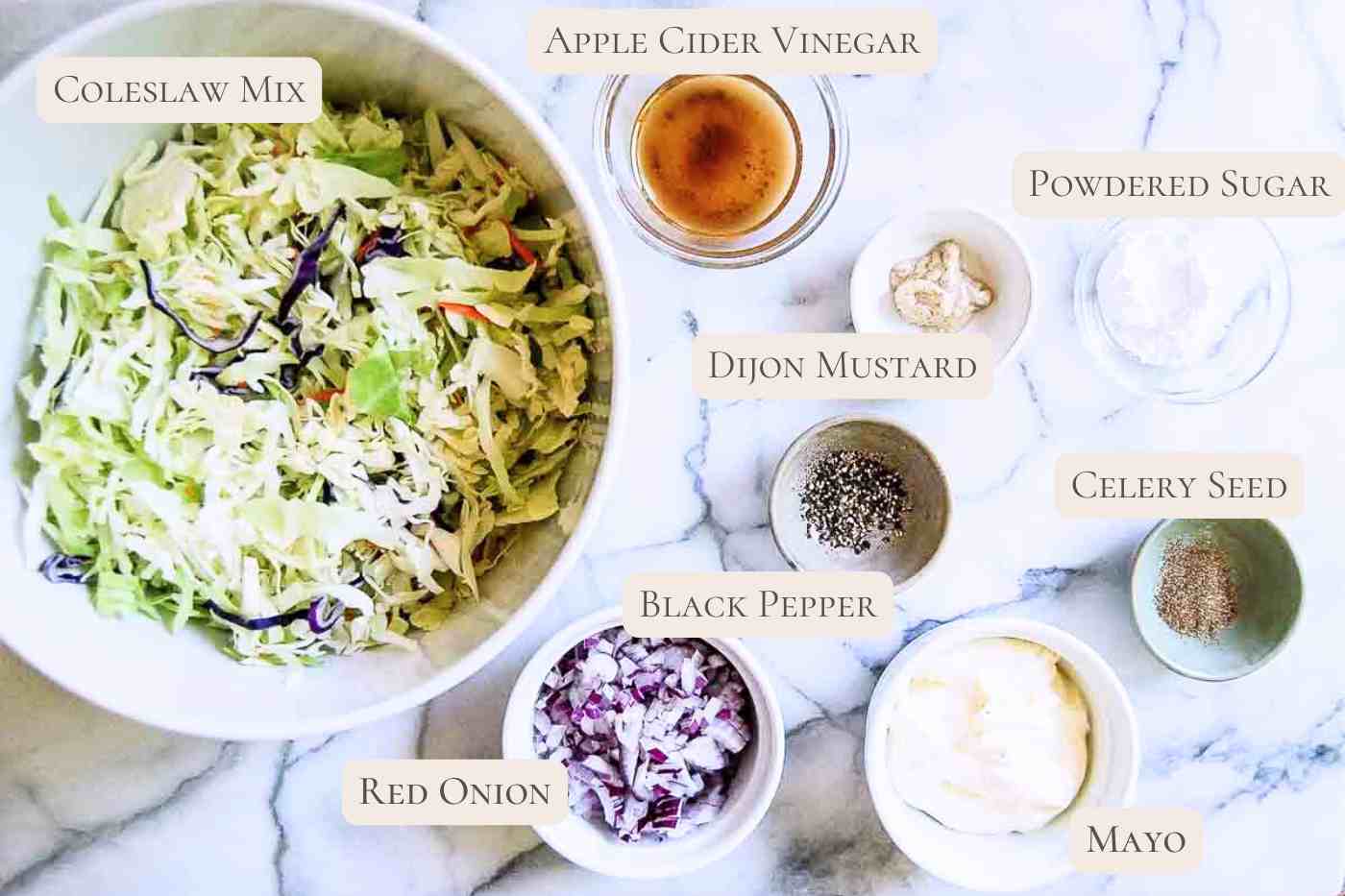 ingredients for coleslaw on countertop, labeled.