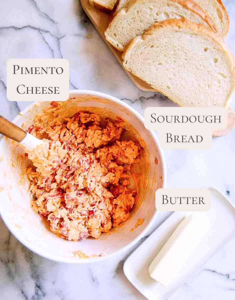 ingredients for grilled pimento cheese sandwich, labeled.