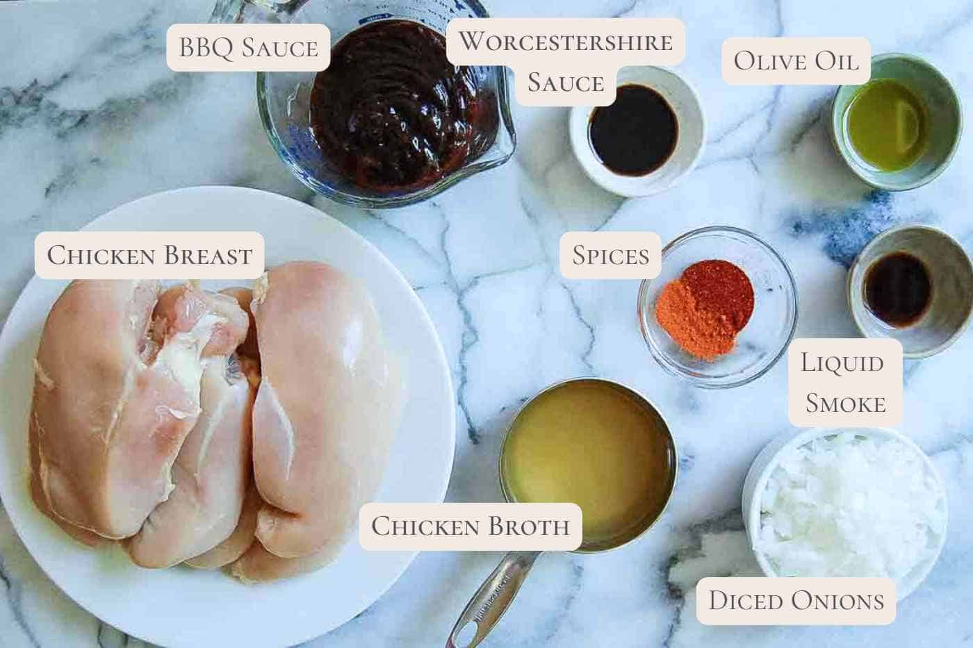 ingredients for instant pot bbq chicken on countertop, labeled.