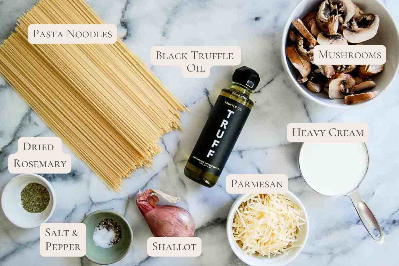 ingredients for black truffle pasta on countertop, labeled.