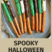 halloween pretzel rods decorated like a witches finger, frankenstein, ghost, and ghoul.