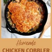 chicken cobbler casserole in skillet on countertop.